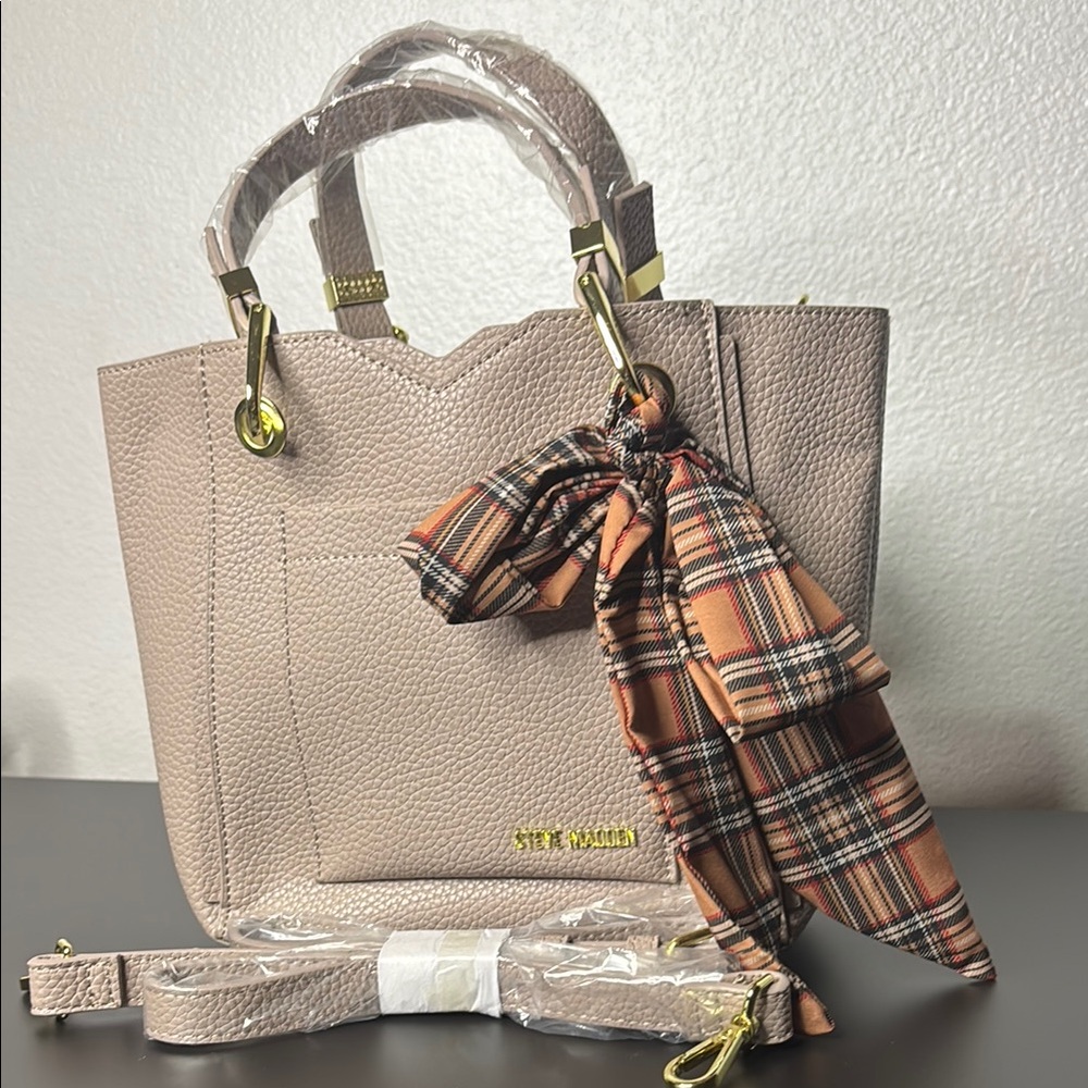 Steve Madden Beige Tote with Plaid Accent